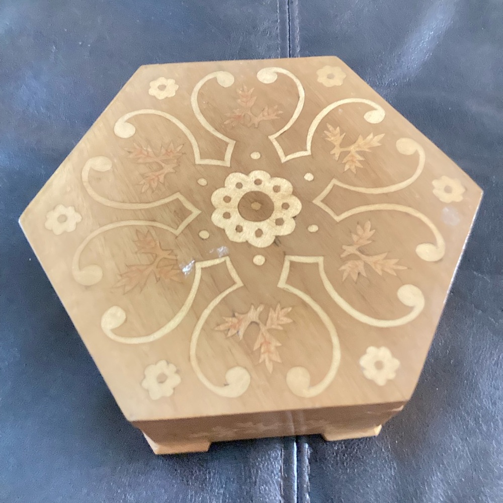 Vintage  Albimpark Hexagonal Wooden Jewelry Box with Floral Inlay